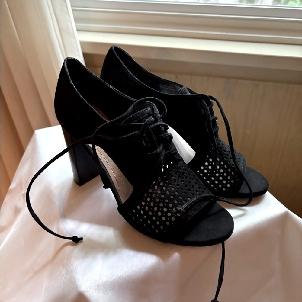 Black suede lace up open toe heels